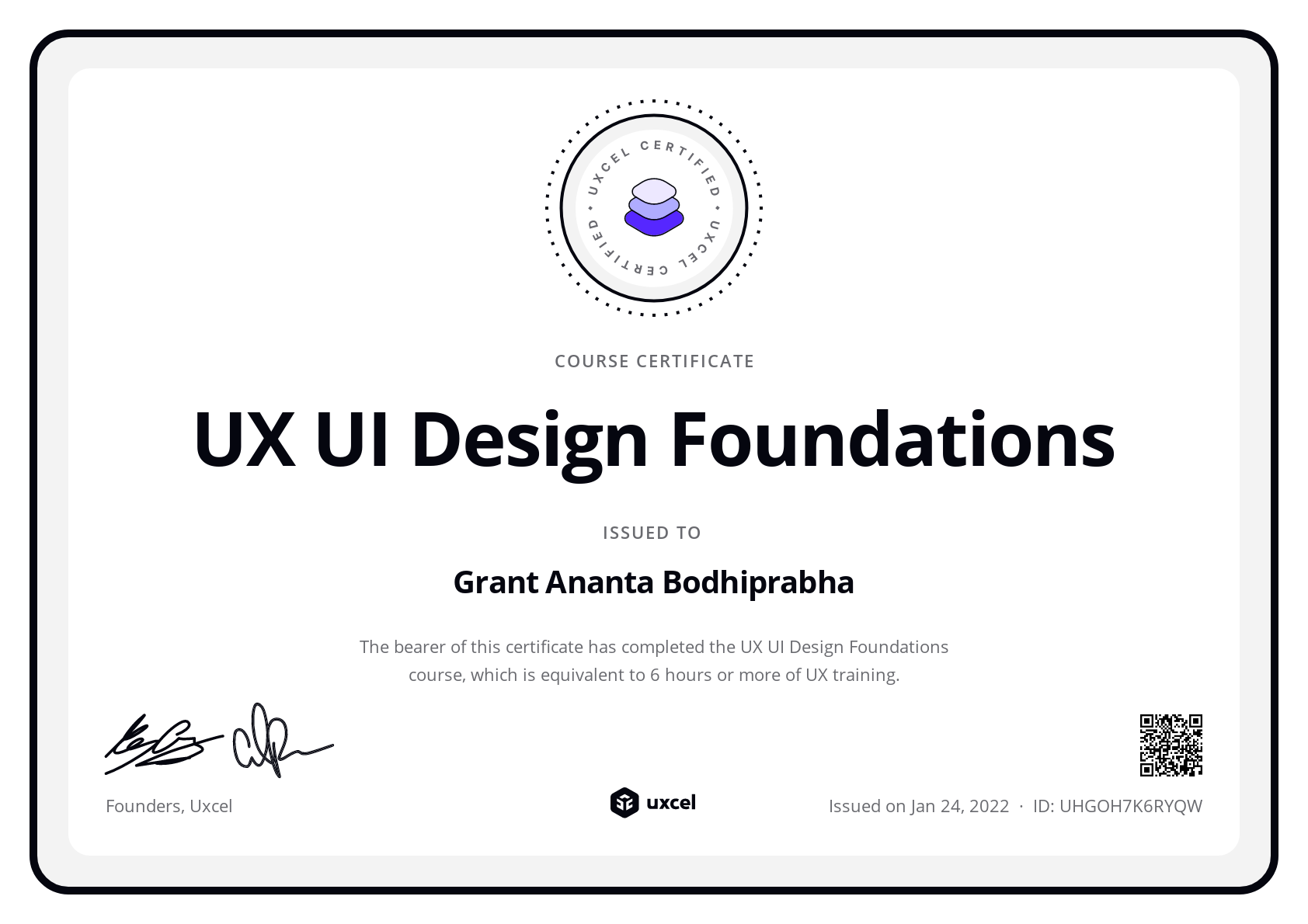 Grant Ananta Bodhiprabha's certificate